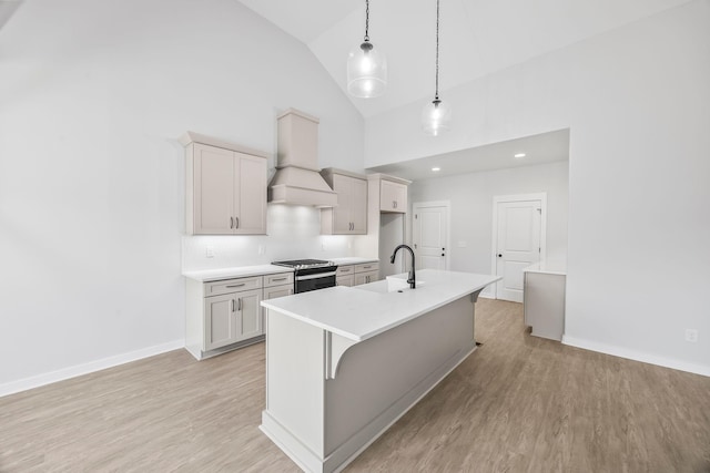 198 Creekside Dr, Lewisburg, TN 37091 - kitchen featuring high vaulted ceiling, premium range hood, stainless steel gas range oven, a kitchen island with sink, and light countertops