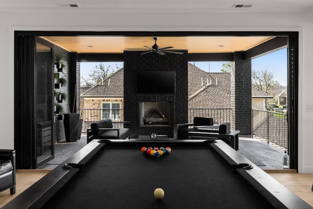 3037 Lakeshore Dr, Old Hickory, TN 37138 - rec room featuring ceiling fan, billiards table, an outdoor brick fireplace, and wood finished floors