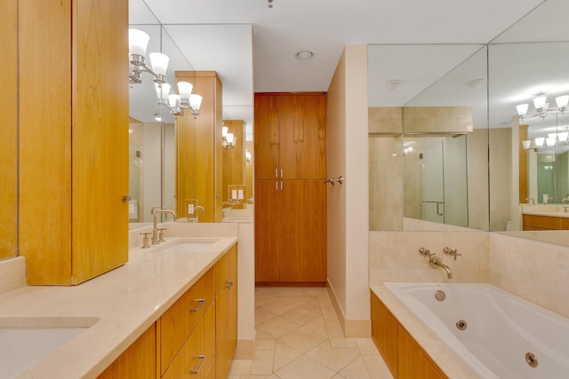 417 Frazier Ave Unit 404, Chattanooga, TN 37405 - full bath with a chandelier, a stall shower, tile patterned flooring, and a jetted tub