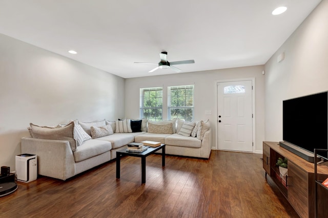 200 Woodsong Ln, Columbia, TN 38401 - living area featuring dark wood-type flooring, ceiling fan, and recessed lighting