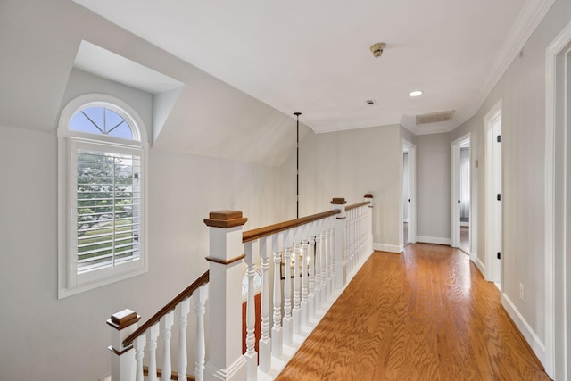 103 Wellesley Pl, Columbia, TN 38401 - hall with an upstairs landing, wood finished floors, ornamental molding, lofted ceiling, and recessed lighting