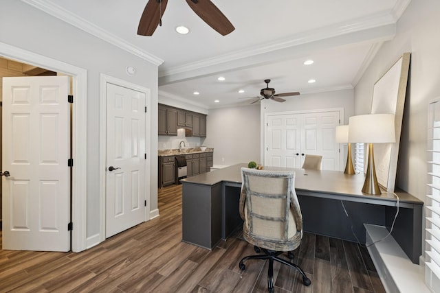 103 Wellesley Pl, Columbia, TN 38401 - home office with a ceiling fan, recessed lighting, dark wood-style floors, and ornamental molding