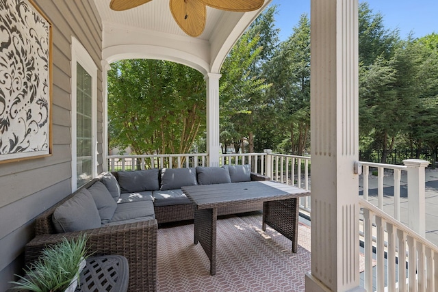 103 Wellesley Pl, Columbia, TN 38401 - wooden terrace with a ceiling fan, outdoor lounge area, and view of scattered trees