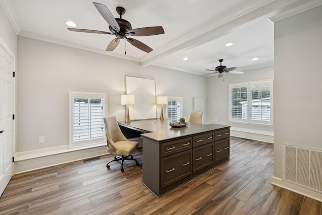 103 Wellesley Pl, Columbia, TN 38401 - home office with a ceiling fan, crown molding, dark wood finished floors, recessed lighting, and beamed ceiling