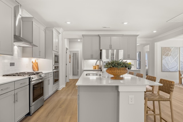 2453 Williams Ridge Dr, Columbia, TN 38401 - kitchen with appliances with stainless steel finishes, wall chimney exhaust hood, gray cabinetry, an island with sink, and a breakfast bar area