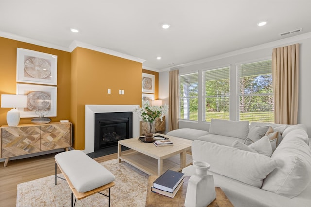 2453 Williams Ridge Dr, Columbia, TN 38401 - living area with ornamental molding, light wood-style floors, recessed lighting, and a fireplace with flush hearth