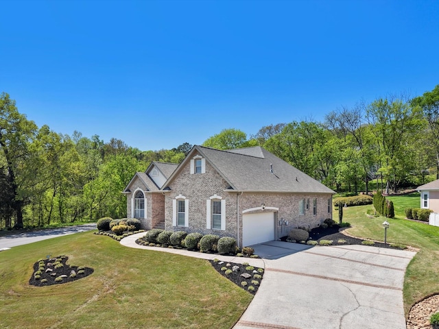 9401 Lazy Circles Dr, Ooltewah, TN 37363 - traditional-style house with driveway, a front lawn, an attached garage, brick siding, and roof with shingles