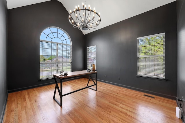 9401 Lazy Circles Dr, Ooltewah, TN 37363 - office space with vaulted ceiling, a chandelier, and wood finished floors