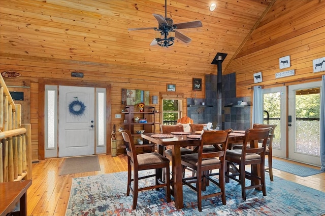 539 Bland Hollow Rd, Hohenwald, TN 38462 - dining area featuring wood walls, plenty of natural light, high vaulted ceiling, ceiling fan, and wood-type flooring