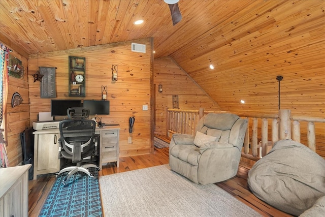 539 Bland Hollow Rd, Hohenwald, TN 38462 - office featuring wood ceiling, vaulted ceiling, wood finished floors, recessed lighting, and wood walls