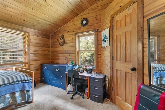 539 Bland Hollow Rd, Hohenwald, TN 38462 - carpeted bedroom with lofted ceiling, wood walls, an office area, and wood ceiling