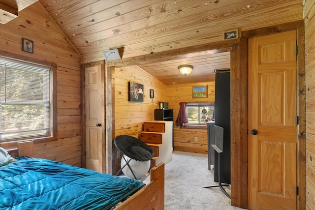 539 Bland Hollow Rd, Hohenwald, TN 38462 - bedroom with multiple windows, vaulted ceiling, wooden walls, wooden ceiling, and light colored carpet