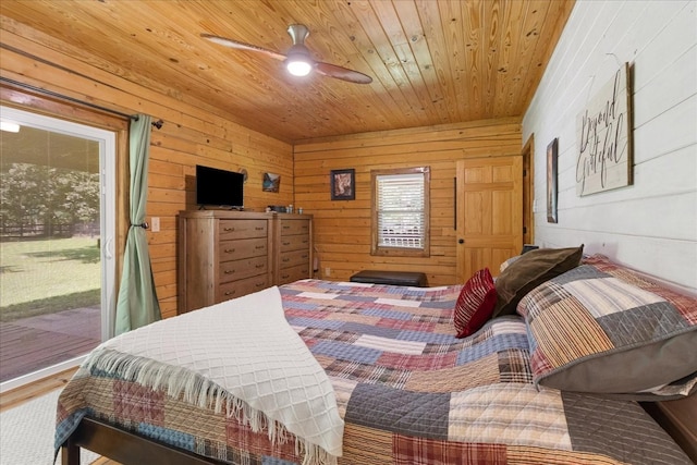 539 Bland Hollow Rd, Hohenwald, TN 38462 - bedroom featuring access to outside, wooden ceiling, wooden walls, and ceiling fan