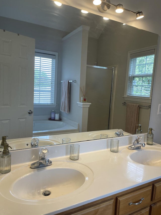 1253 Annapolis Cir, Thompsons Station, TN 37179 - full bathroom featuring a stall shower, double vanity, and a bath