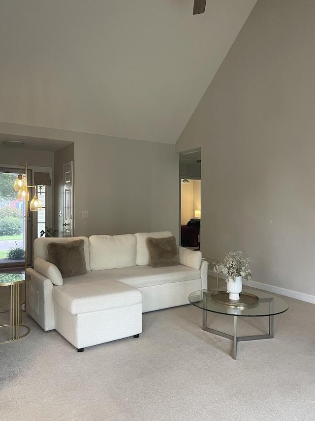 1253 Annapolis Cir, Thompsons Station, TN 37179 - living room featuring carpet, ceiling fan, and high vaulted ceiling