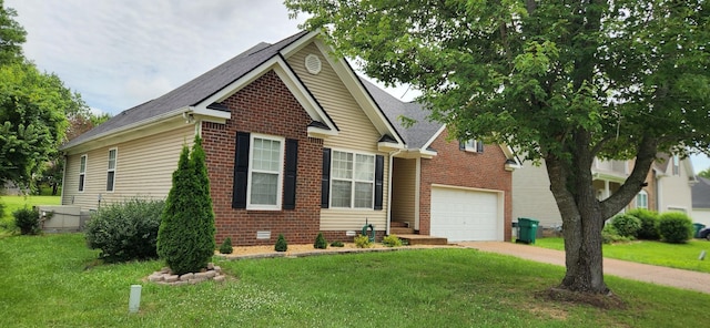 1253 Annapolis Cir, Thompsons Station, TN 37179 - view of front facade with concrete driveway, a front yard, a garage, brick siding, and a shingled roof