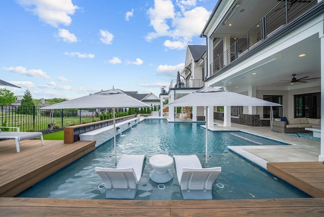 6004 Pelican Way, College Grove, TN 37046 - view of pool with a gazebo, an outdoor hangout area, a ceiling fan, a patio area, and a deck