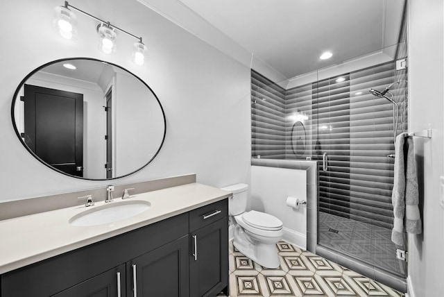 6004 Pelican Way, College Grove, TN 37046 - bathroom with vanity, a stall shower, crown molding, and recessed lighting