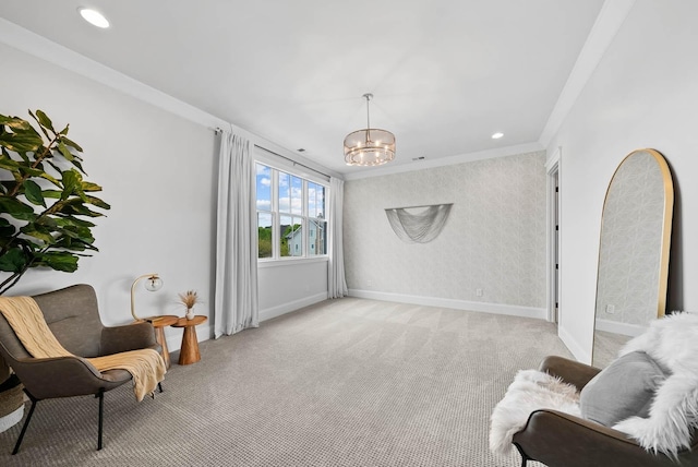 6004 Pelican Way, College Grove, TN 37046 - sitting room featuring light colored carpet, a chandelier, crown molding, and recessed lighting