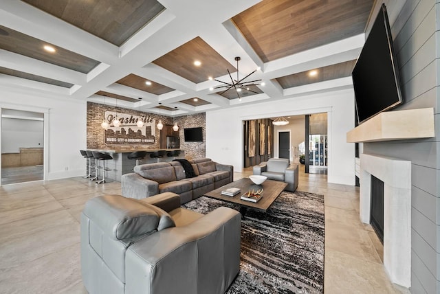 6004 Pelican Way, College Grove, TN 37046 - living area with a fireplace, a chandelier, coffered ceiling, beam ceiling, and recessed lighting