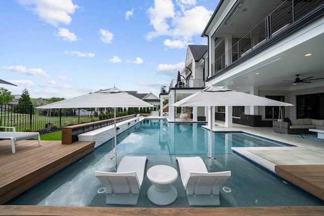 6004 Pelican Way, College Grove, TN 37046 - view of swimming pool featuring an outdoor living space, a gazebo, a patio, a ceiling fan, and a deck