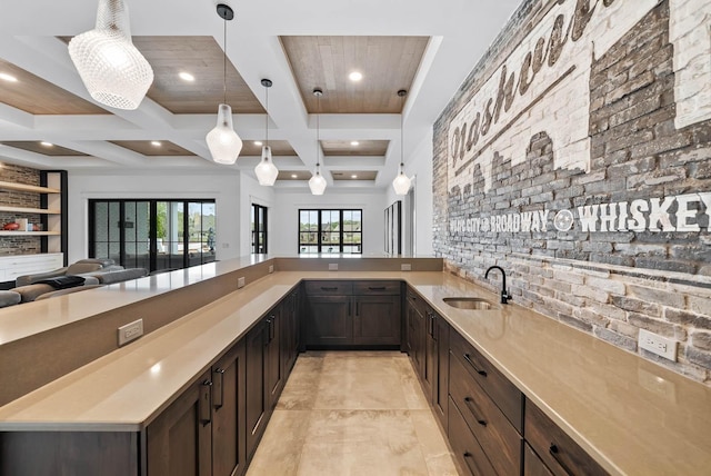 6004 Pelican Way, College Grove, TN 37046 - bar area featuring recessed lighting, coffered ceiling, decorative light fixtures, beamed ceiling, and light tile patterned floors