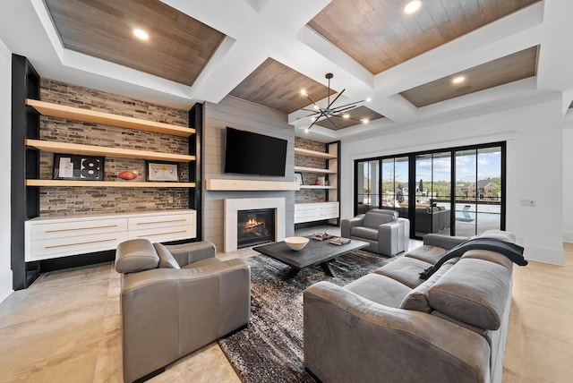 6004 Pelican Way, College Grove, TN 37046 - living area featuring coffered ceiling, built in features, recessed lighting, a fireplace, and a chandelier