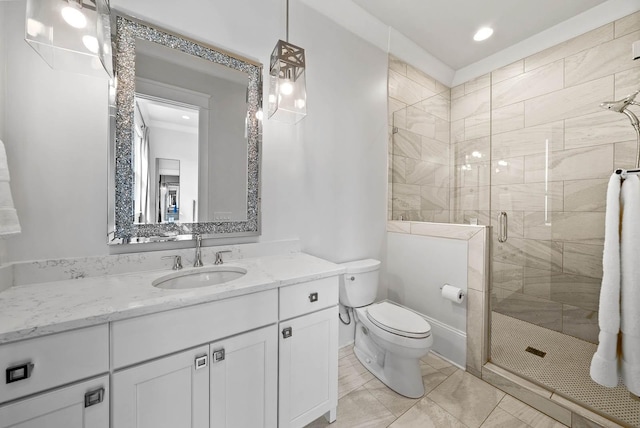 6004 Pelican Way, College Grove, TN 37046 - bathroom featuring a stall shower, vanity, tile patterned floors, and recessed lighting