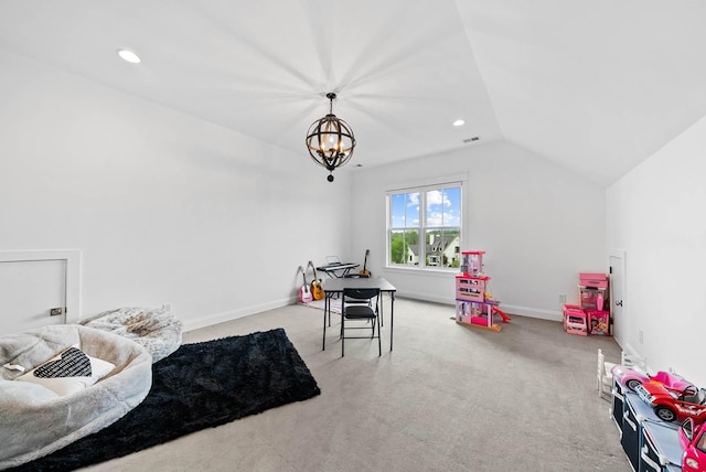 6004 Pelican Way, College Grove, TN 37046 - recreation room featuring carpet, a chandelier, vaulted ceiling, and recessed lighting