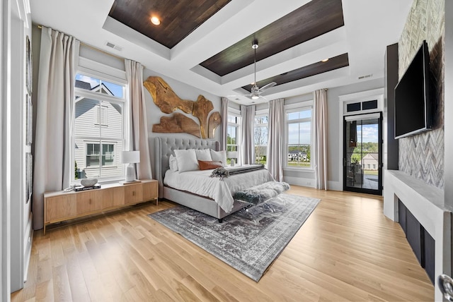 6004 Pelican Way, College Grove, TN 37046 - bedroom with a tray ceiling, access to exterior, light wood-type flooring, a fireplace, and a ceiling fan