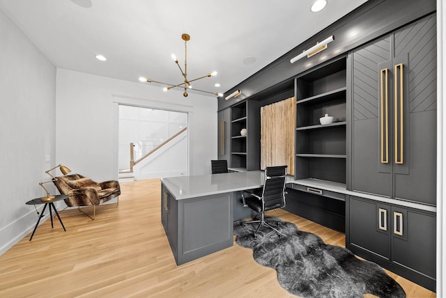 6004 Pelican Way, College Grove, TN 37046 - home office featuring built in desk, light wood-style floors, a chandelier, and recessed lighting