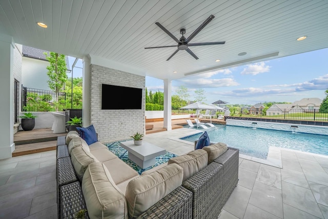 6004 Pelican Way, College Grove, TN 37046 - fenced backyard featuring an outdoor hangout area, ceiling fan, a pool with connected hot tub, and a patio