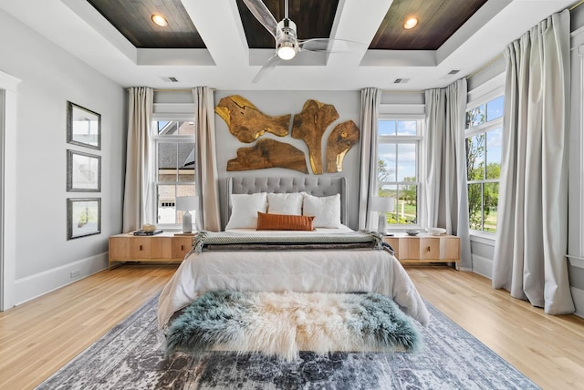 6004 Pelican Way, College Grove, TN 37046 - bedroom featuring wood finished floors, recessed lighting, coffered ceiling, wood ceiling, and ceiling fan
