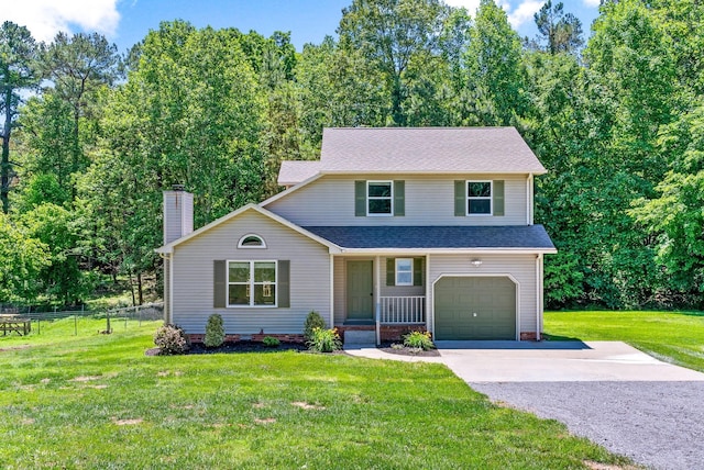 1155 Delmont Church Rd, Cadiz, KY 42211 - view of front of home featuring asphalt driveway, a chimney, a porch, a garage, and a shingled roof