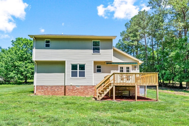 1155 Delmont Church Rd, Cadiz, KY 42211 - rear view of property with a wooden deck, a lawn, and stairway