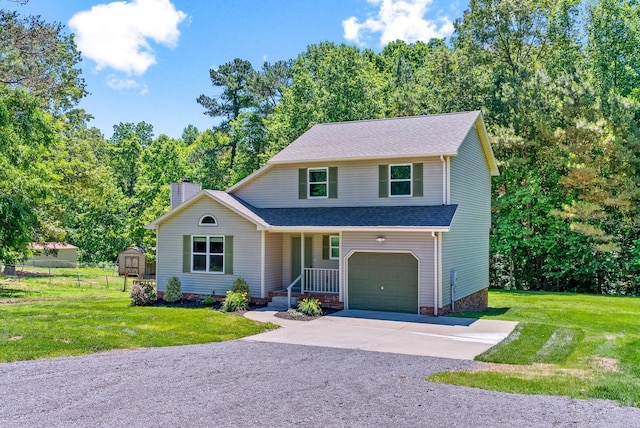 1155 Delmont Church Rd, Cadiz, KY 42211 - view of front of house with a chimney, a garage, a shed, a porch, and driveway