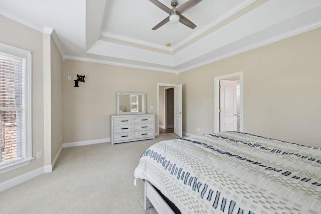 6913 Zion Crossing Ct, Columbia, TN 38401 - bedroom featuring multiple windows, a tray ceiling, ornamental molding, light colored carpet, and a ceiling fan