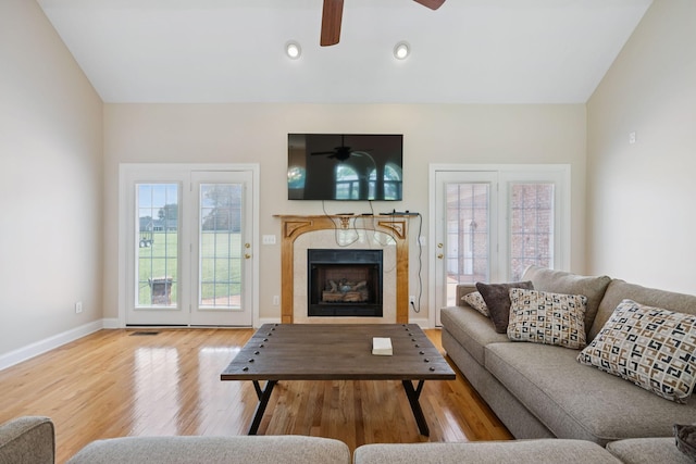 6913 Zion Crossing Ct, Columbia, TN 38401 - living room with a ceiling fan, wood finished floors, a tile fireplace, and recessed lighting