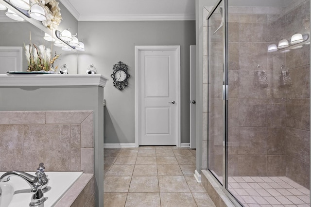 7560 Hampstead Hall Dr, Ooltewah, TN 37363 - full bath with a stall shower, a garden tub, crown molding, and tile patterned floors