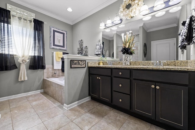 7560 Hampstead Hall Dr, Ooltewah, TN 37363 - full bath with double vanity, a garden tub, a chandelier, crown molding, and tile patterned flooring