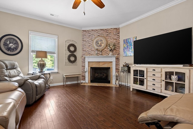 7560 Hampstead Hall Dr, Ooltewah, TN 37363 - living area featuring a ceiling fan, crown molding, a high end fireplace, and wood finished floors