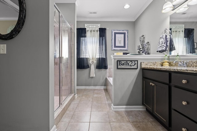 7560 Hampstead Hall Dr, Ooltewah, TN 37363 - full bathroom with a bath, crown molding, vanity, a shower stall, and tile patterned flooring