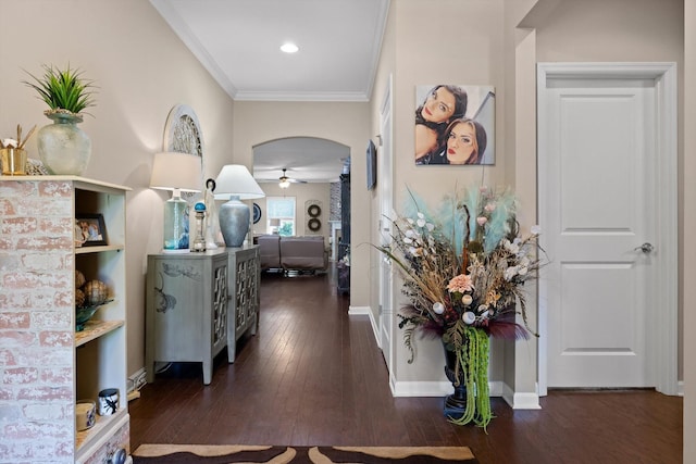 7560 Hampstead Hall Dr, Ooltewah, TN 37363 - corridor featuring hardwood / wood-style flooring, crown molding, and arched walkways