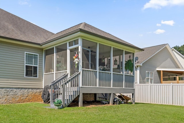 7560 Hampstead Hall Dr, Ooltewah, TN 37363 - rear view of property featuring a sunroom and a shingled roof