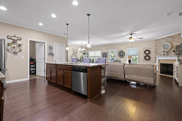 7560 Hampstead Hall Dr, Ooltewah, TN 37363 - kitchen with dishwasher, open floor plan, dark wood-style floors, a ceiling fan, and recessed lighting