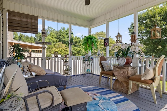 7560 Hampstead Hall Dr, Ooltewah, TN 37363 - sunroom featuring hardwood / wood-style flooring, ceiling fan, and a wooden deck