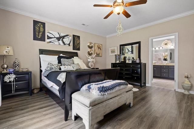 7560 Hampstead Hall Dr, Ooltewah, TN 37363 - bedroom featuring ornamental molding, wood finished floors, ensuite bath, and ceiling fan