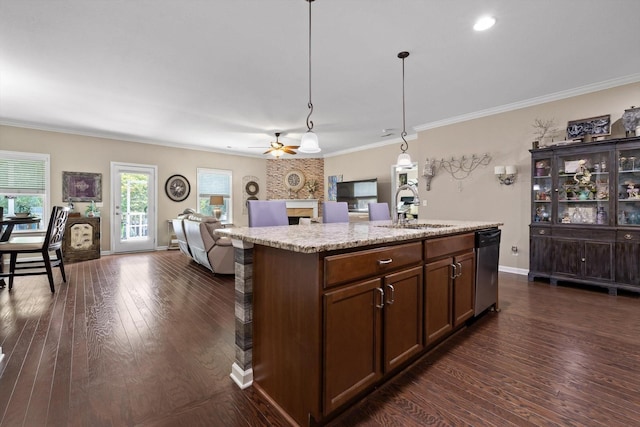 7560 Hampstead Hall Dr, Ooltewah, TN 37363 - kitchen with dishwasher, open floor plan, dark wood-type flooring, crown molding, and ceiling fan