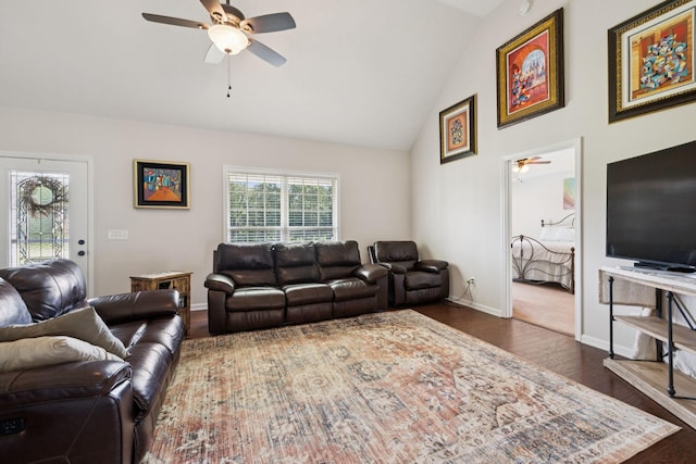 1493 Azalee Ln, Chapel Hill, TN 37034 - living area featuring ceiling fan, dark wood-style flooring, and high vaulted ceiling