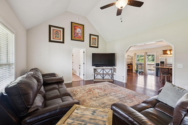 1493 Azalee Ln, Chapel Hill, TN 37034 - living area with ceiling fan, lofted ceiling, wood finished floors, and arched walkways